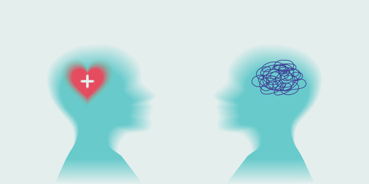 Human profiles with glowing heart and tangled brain symbolizing emotional support and empathy in therapy. Mental health