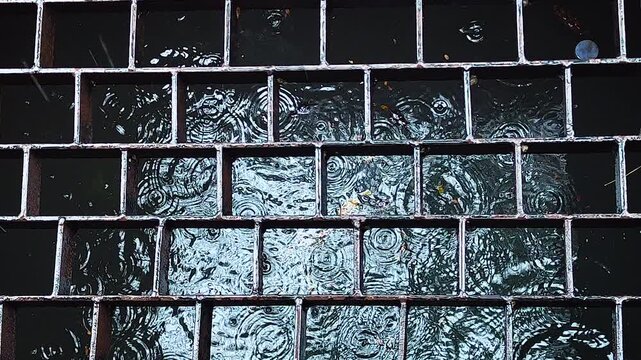 Rainwater creates ripples across wet brick pavement, capturing rainy weather texture and reflective water patterns for atmospheric backgrounds, environmental stories and urban content.