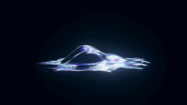 Abstract, glowing liquid-like shape flows and morphs smoothly against a dark background. Layered blue and purple tones enhance movement and depth.