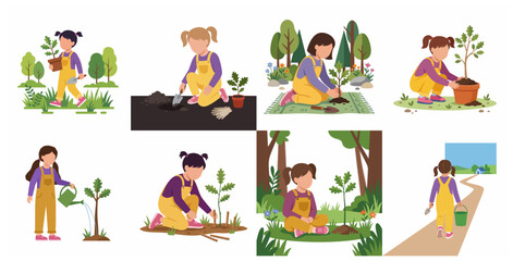 Fototapeta premium Collection of flat illustrations of a little girl gardening planting trees and caring for environment
