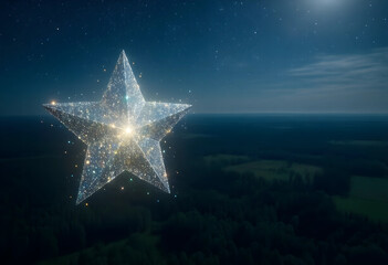 Naklejka premium Achievement and success concept, glowing star with sparkling particles over a dark night landscape with forest and sky