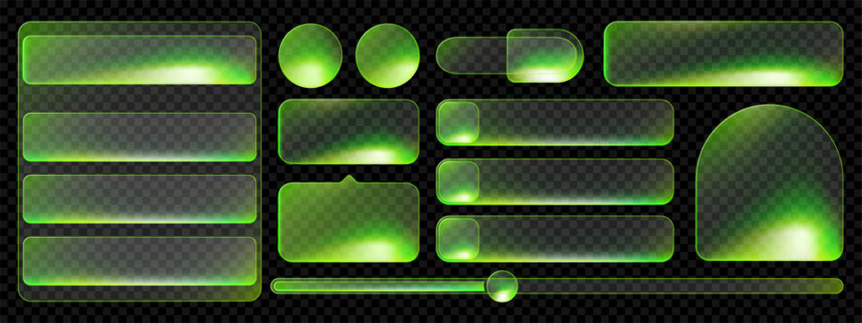 Green glass frame for transparent button for neon futuristic light ui. Geometric technology highlight design with glossy overlay border and gradient. Digital cyber led background for hud window