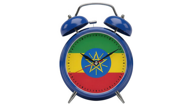 Blue alarm clock with the flag of ethiopia on the clock face isolated on transparent background