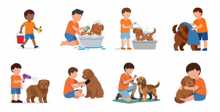 Boy grooming and taking care of his dog vector illustration set