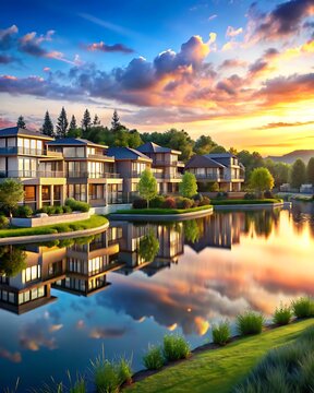 Modern luxury residential houses by a calm lake at beautiful sunset with vibrant clouds