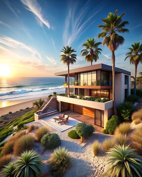 Modern luxury villa on a tropical sandy beach at sunset with palm trees