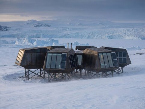 Modern geometric research outpost on stilts in freezing polar environment