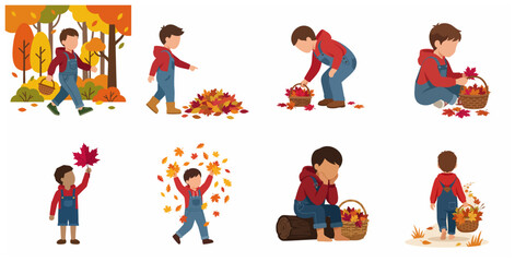 Fototapeta premium Cute Little Boy Playing and Collecting Autumn Leaves Illustration Set