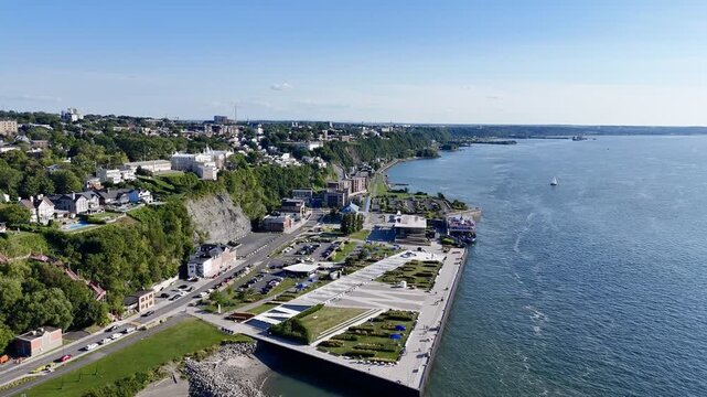 Aerial view of Quai Paquet waterfront, ferry terminal and Saint Lawrence River in Levis, Quebec, Canada. g.