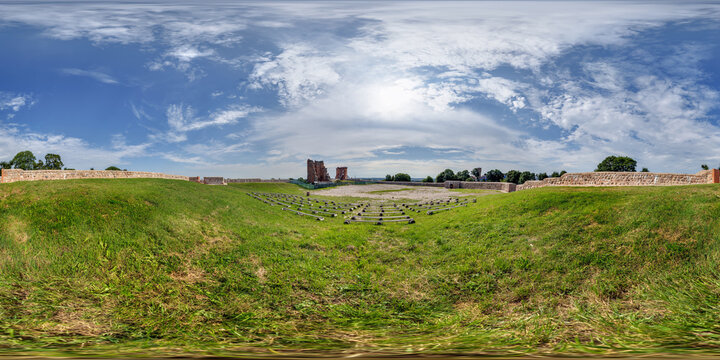360 hdri panorama near ruins of ancient medieval knight castle on mountain with church in equirectangular projection, AR VR virtual reality content