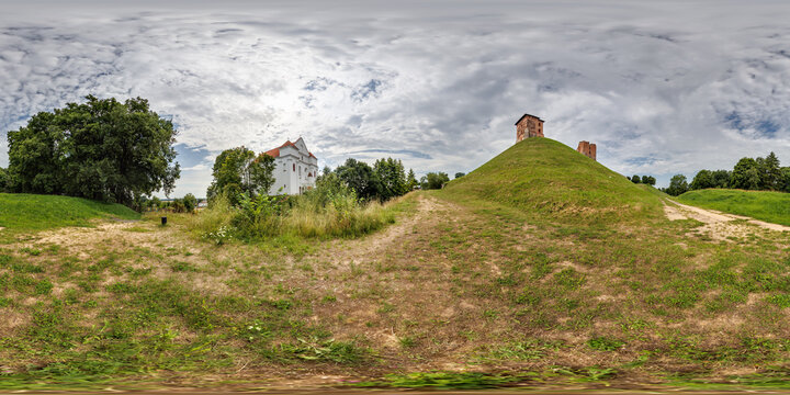 360 hdri panorama near ruins of ancient medieval knight castle on mountain with church in equirectangular projection, AR VR virtual reality content