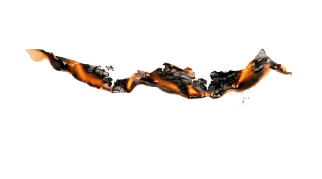 Burning paper strip with glowing embers isolated on transparent background