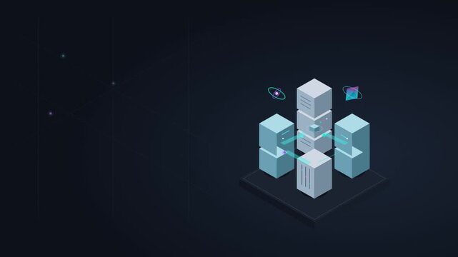 Isometric server rack cluster connecting data nodes in dark cyberspace