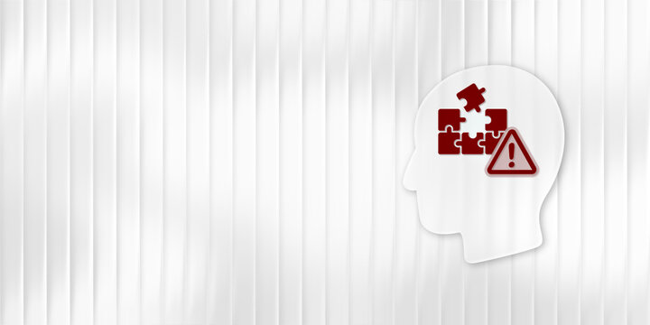 Conceptual 3D illustration depicting mental health issues, cognitive decline, or a psychological puzzle with an unfinished jigsaw and warning sign inside a human head. White background.