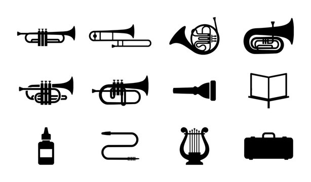 Brass Musical Instruments Vector Icons Set, Orchestra and Band Equipment Silhouettes, Performance Accessories Collection