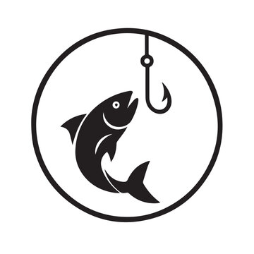 Vector icon logo featuring a simple fish silhouette with a fishing hook, clean lines, minimal design, and bold fishing themed symbolism.