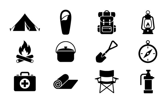 Camping Icons Set, Outdoor Adventure Gear Vector Graphics, Travel Equipment Symbols, Hiking Essentials Collection