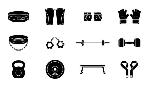 Fitness Equipment Icons Set, Weightlifting Gear Collection, Gym Accessories Vector Graphics, Strength Training Tools