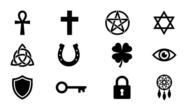 Mystical Symbols Collection: Ankh, Cross, Pentagram, Star of David, Horseshoe, Clover, Eye, Shield, Key, Lock, Dreamcatcher Icons