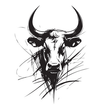 Hand drawn vector sketch of a majestic buffalo head with strong curved horns, expressive eyes, and natural rough linework for a rustic look.