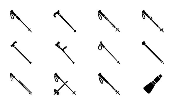 Walking Cane and Trekking Pole Icons Set, Diverse Mobility Aids Collection, Black Silhouette Graphics for Outdoor and Support Needs