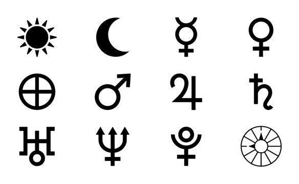 Celestial Symbols Collection: Sun, Moon, Planets, Zodiac Icons, Astrology Glyphs, Cosmic Icons, Astronomical Signs, Vector Graphics for Esoteric and Science Themes