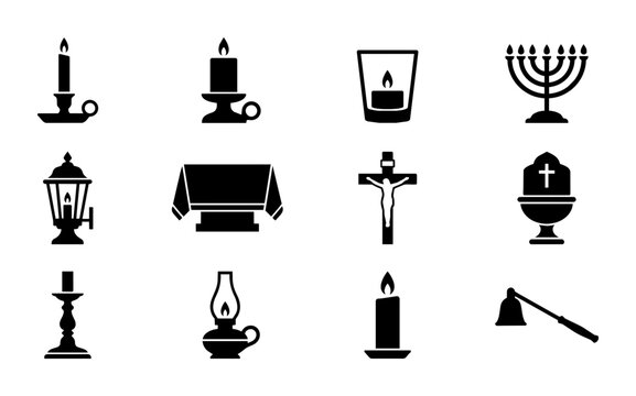 Religious Symbols and Objects Vector Icons: Candles, Cross, Menorah, Lantern, Altar, Bell, 12 Icons Set