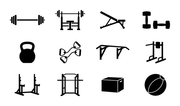 Fitness Equipment Icons Set, Gym Workout Gear Vector Graphics, Strength Training Tools Collection, Exercise Machine Symbols