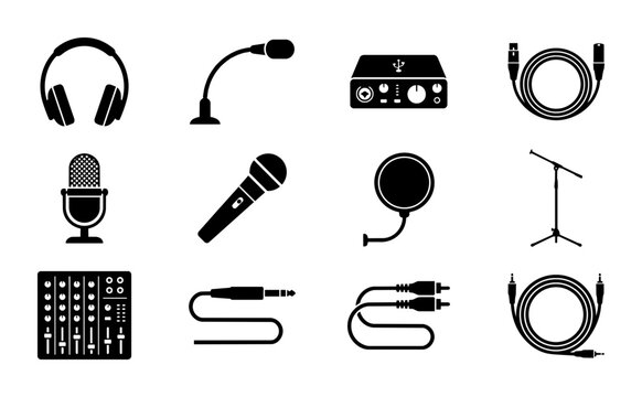 Audio Recording Equipment Icons Set, Music Production Gear Vector Graphics, Sound Studio Accessories Collection