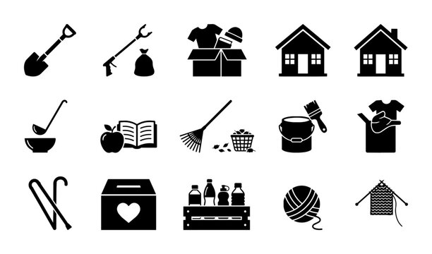 Charity and Donation Icons Set: Shovel, Bag, Box, House, Soup, Book, Rake, Paint, Yarn, Donation Box, Bottles, Knitting, for Social Causes and Community Support