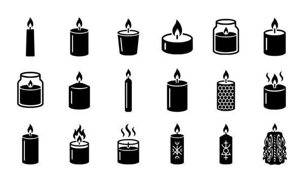 Candle Icons Set, Vector Graphics Collection, Various Candle Styles, Flameless and Burning Designs, Decorative Elements for Ambiance and Rituals