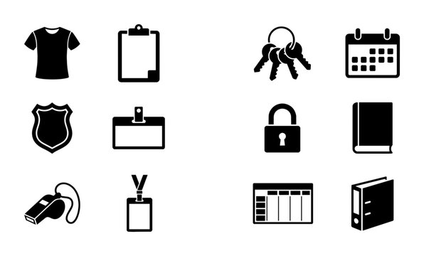 Security and Management Icons Set: Badge, Whistle, Keys, Lock, Clipboard, Calendar, T-Shirt, Book, Binder, ID Card, Table Grid - Vector Graphics for Access Control, Safety, Organization