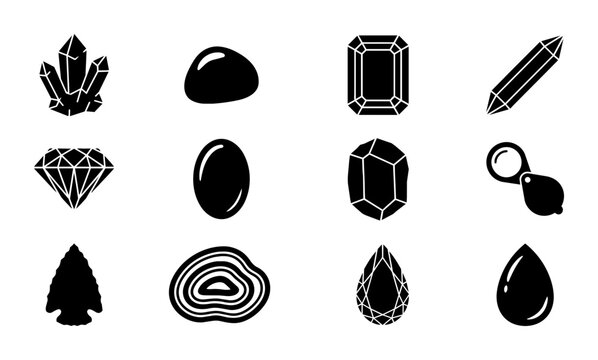 Gemstone Icons Set, Precious Jewels Vector Graphics, Mineral Shapes Collection, Jewelry Elements, Polished Stones, Crystal Forms, Faceted Gems, Geometric Cuts, Natural Treasures
