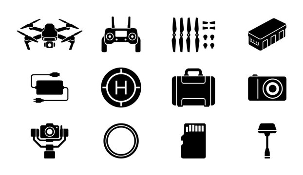 Drone Technology Icons Set: Aerial Photography, Quadcopter Accessories, Remote Control, Gimbal, Camera Gear, Storage Media, Landing Pad, Power Bank, Propellers, Case, Vector Graphics