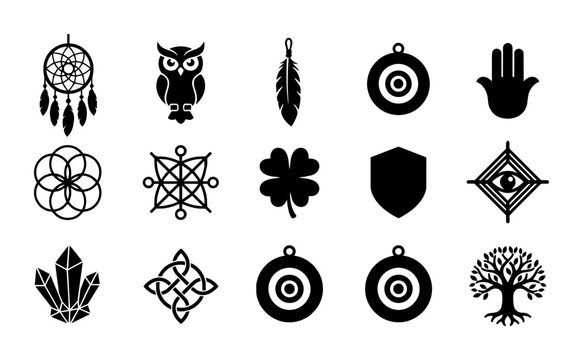 Mystical Symbols Vector Icons: Dreamcatcher, Owl, Feather, Hamsa Hand, Crystals, Celtic Knot, Tree of Life, Sacred Geometry, Clover, Target, Eye, Shield - Black and White Graphic Elements