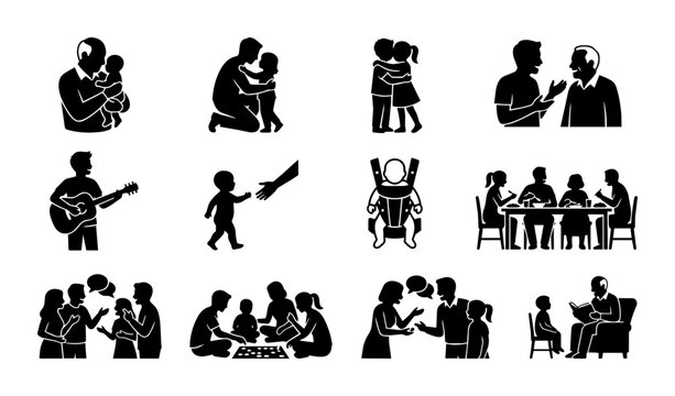 Family Connection Icons, Parent Child Bonding Graphics, Relationship Symbols, Human Interaction Pictograms, 12 Vector Elements