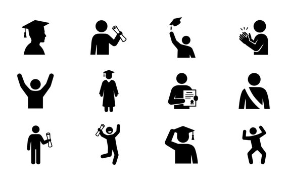 Graduation Icons Set, Academic Achievement Pictograms, Education Celebration Symbols, Diploma Ceremony Vector Graphics