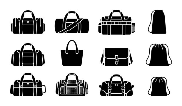 Collection of 12 Black Silhouette Duffel Bags, Gym Bags, and Drawstring Backpacks Vector Icons for Travel and Sports Gear