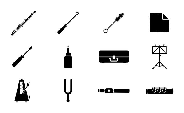 Musical Instrument Care and Accessories Vector Icons Set: Flute, Tuner, Metronome, Case, Stand, Cleaning Tools
