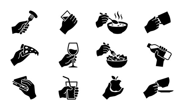 Hand Holding Food and Drink Icons, Set of 12 Vector Graphics for Culinary and Lifestyle Concepts