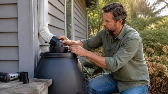 Man installing rain barrel: wide establishing view, Caucasian beside a house and connecting it to a