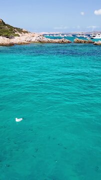 Vertical  view of the turquoise bay with a rocky coastline with yachts and boats off the coast of Spargi Island in the La Maddalena archipelago, Sardinia, Italy