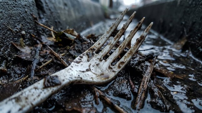 Fork resting in muddy debris within a rainwater drainage area  