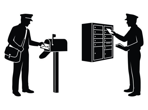 Black silhouette of a mailman delivering mail into a mailbox and sorting letters in a post box Vector
