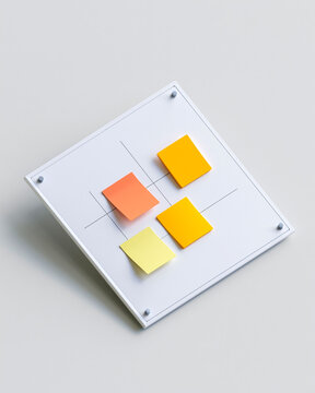 Isometric 3D render of glass whiteboard with colorful sticky notes for agile task management and strategic planning