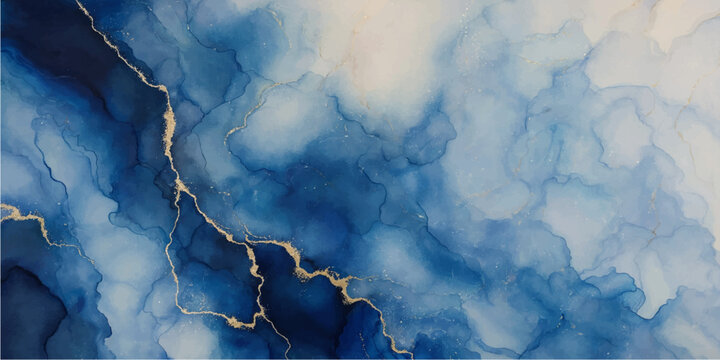 blue alcohol ink abstract texture background with gold veins marble pattern vector