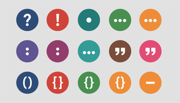 Collection of various grammatical punctuation marks including question marks and brackets displayed within colorful circular buttons on a wall.