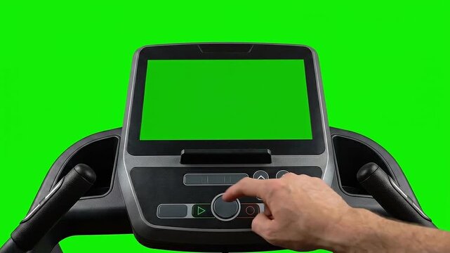 Man pressing buttons on treadmill console with green screen