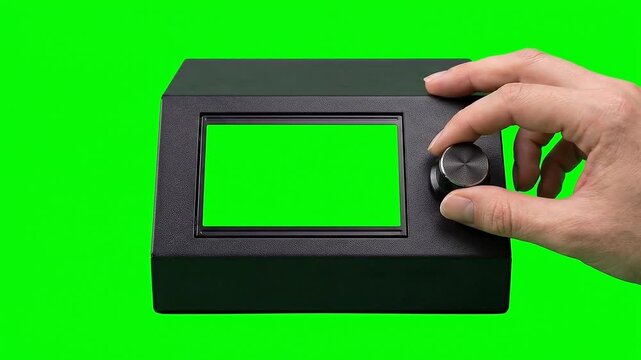 Hand rotating control knob on electronic device with green screen