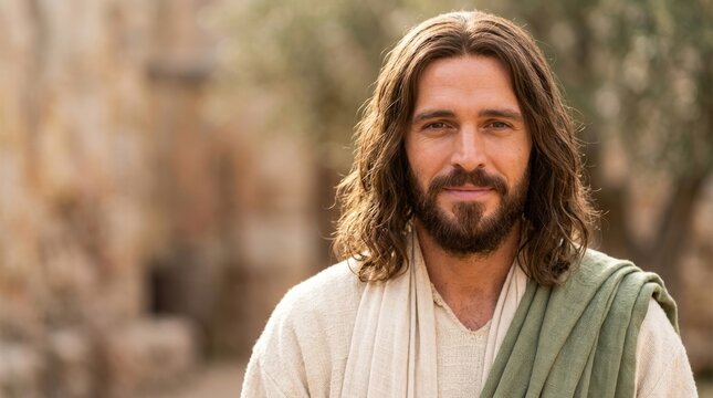 Portrait of smiling Jesus Christ man with long hair and beard wearing robe. Christian faith and divine love concept. Easter and resurrection celebration